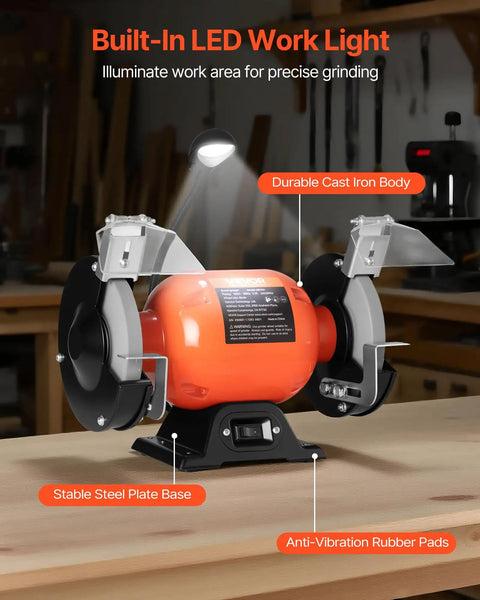 Badass Six Inch Bench Grinder With 3450 Rpm Single Speed Motor And Dual Grit Grinding Wheels Paired With Bright LED Work Light, showing stable base and cast iron body.