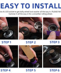 Six-step collage showing 5/8 in purple phosphate-coated dolly wheel lock washer installation on hand-truck axle.