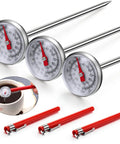 3 Pack Instant Read Dial Thermometers With Calibration Sleeves, showing three 1-inch pocket thermometers with red sleeves.