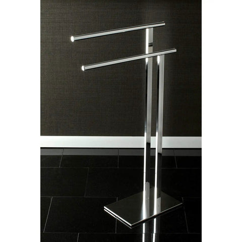 Edenscape Freestanding Towel Rack With Double Nearly 18 Inch Bars Polished Chrome Solid Steel Build No-Slip Weighted Base For Stability Easy Assembly Modern L Shaped Bathroom Towel Stand, side view