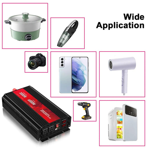 3000 Watt Power Inverter Converts 12V DC To 110V AC Delivering 6000W Peak Juice for powering various devices like kitchenware and electronics.