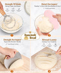 Pink Sourdough Bread Making Kit with dough whisk, bowl scraper, dough scraper, and bread lame tools in use