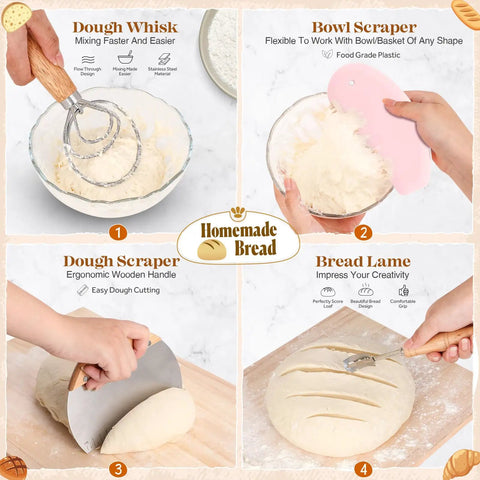 Pink Sourdough Bread Making Kit with dough whisk, bowl scraper, dough scraper, and bread lame tools in use