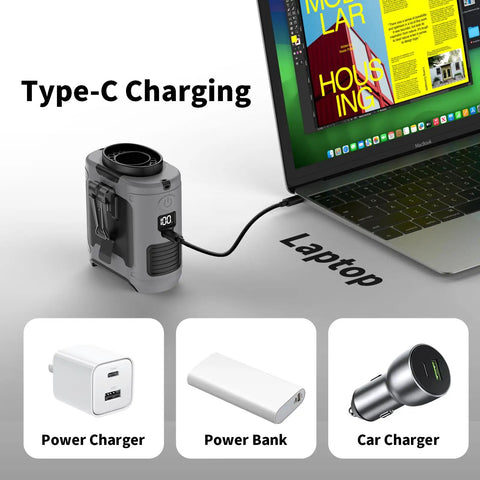 10000mAh Portable Waist Clip On Fan With 5 Speeds And Built In Flashlight charging via USB-C on laptop