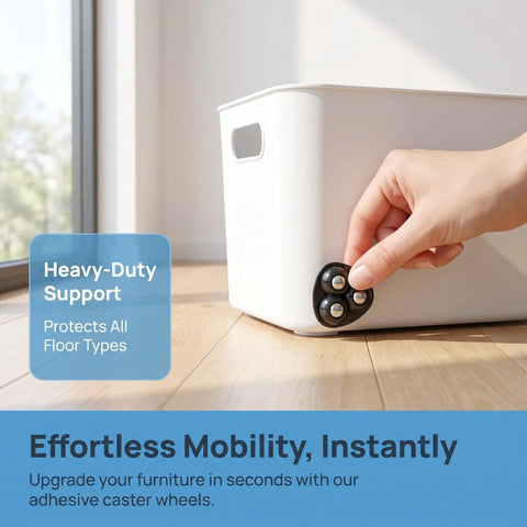 Hand installing a 12pcs Ball Swivel Caster Wheels for Furniture and Dressers, Black on a storage box for improved mobility.
