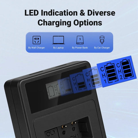 Dual USB charger from 2-Pack BLN-1 Replacement Battery With Dual USB Charger For Olympus OM-D E-M1 E-M5 And Pen E-P5 showing LED indicators