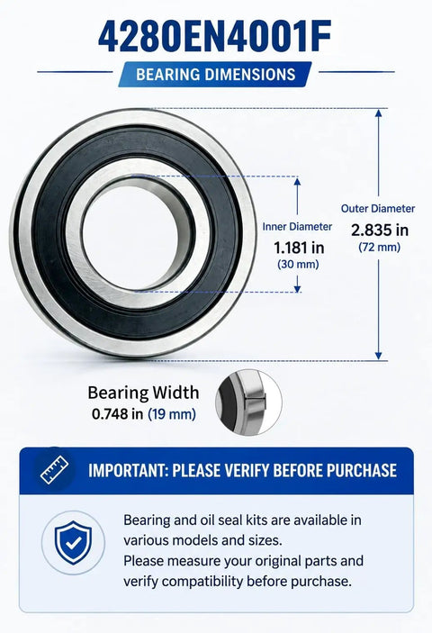 Heavy Duty Front Load Washer Tub Bearings And Seal Kit with dimensions 1.181 in inner diameter and 2.835 in outer diameter.