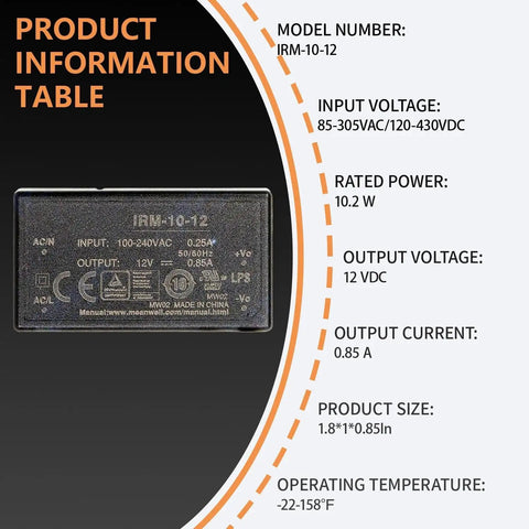 Tight Footprint Ac Dc Power Supply Module Pumping A Smooth 12 Volt Flow At 10 Watts For Zero Drama Installations On Printed Circuit Boards Inside Industrial Automation Rigs And Sensor Networks That Simply Work Right Everyday, showcasing specification details.