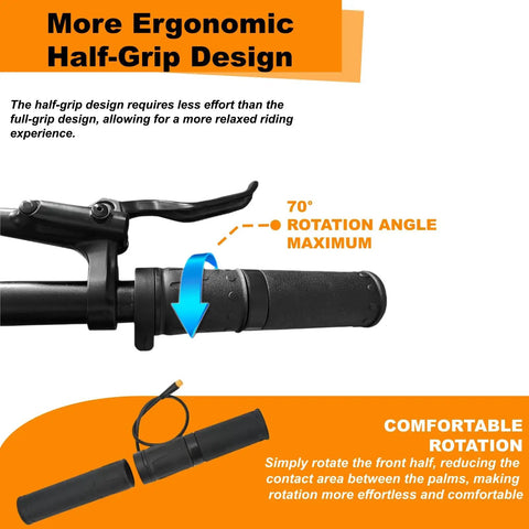 Half Twist Throttle For 22.2mm Handlebar Right Side Plug And Play Universal E Bike And Scooter Throttle Replacement With 3 Pin Waterproof Connector For 12V To 72V Systems, ergonomic design showing rotation angle.