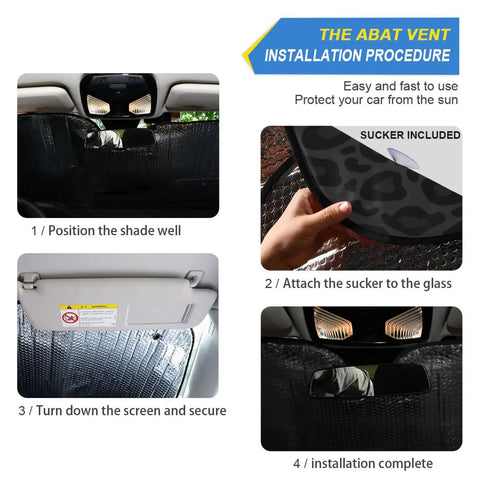 Installation steps for Leopard Print Car Windshield Sun Shade Foldable UV Ray Sun Visor with four suction cups.