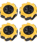 Yellow and black rubber-coated Omni Directional Mecanum Wheel Set For Smart Robot Car, set of four wheels for precise movements.