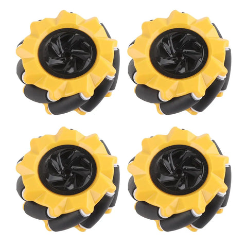 Yellow and black rubber-coated Omni Directional Mecanum Wheel Set For Smart Robot Car, set of four wheels for precise movements.