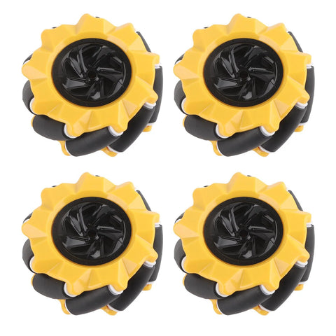 Four yellow 80mm mecanum wheels with black hubs and rubber-coated rollers for omni-directional motion in DIY robot cars.