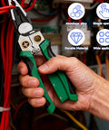 Person using 8-In-1 Wire Stripper With Voltage Tester Pro-Grade Heavy Duty 12 To 220V AC DC Electrician Pliers on wires