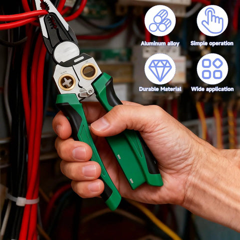 Person using 8-In-1 Wire Stripper With Voltage Tester Pro-Grade Heavy Duty 12 To 220V AC DC Electrician Pliers on wires