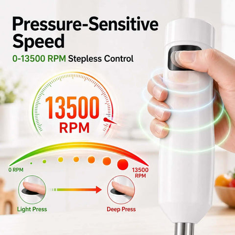 Cordless Immersion Hand Blender And Stick Blender with pressure-sensitive speed control up to 13500 RPM for various recipes.