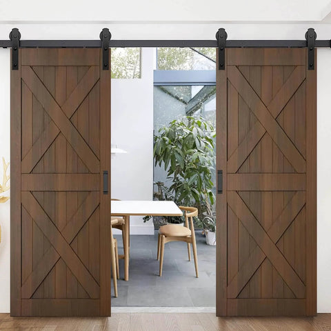 Heavy Duty Sliding Barn Door Hardware Kit With Door Hook And Two Handles For Double Doors, Smooth And Quiet Operation
