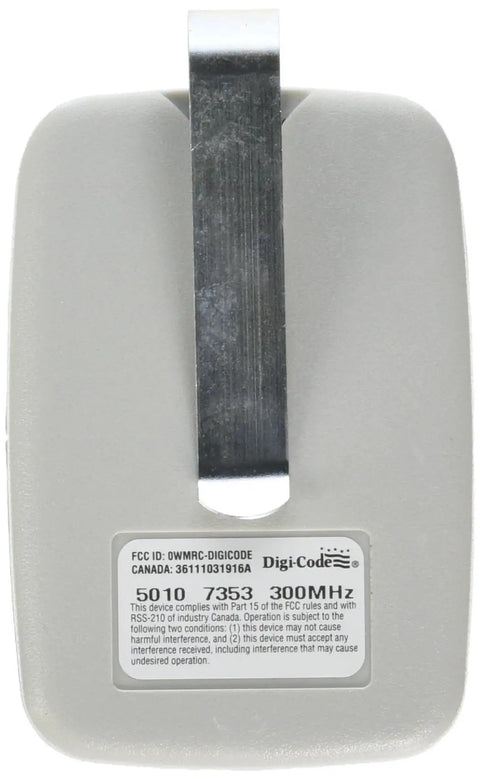 Back view of Universal Garage Door Opener Transmitter For 5010 Systems with metal clip, white finish.