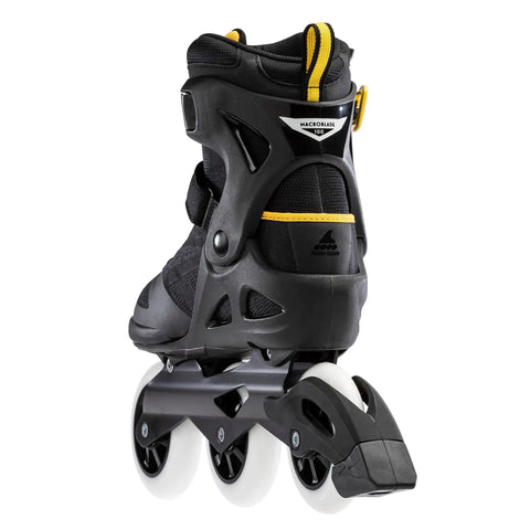 Rear view of Macroblade 100 3WD Men's Fitness Inline Skates with high cuff support, 100mm wheels, black and saffron yellow design.