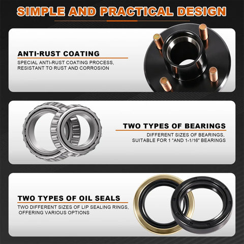Heavy Duty 4 Lug Trailer Hub Kit For 2000 Lbs Boat Rigs With 4x4 Inch Bolt Pattern and Straight Spindle Fitment showing anti-rust coating and bearings.