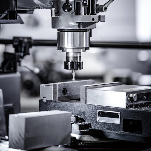 Aluminum flat bars 2x4x8 in, silver; close-up view of CNC milling machine spindle and vise.