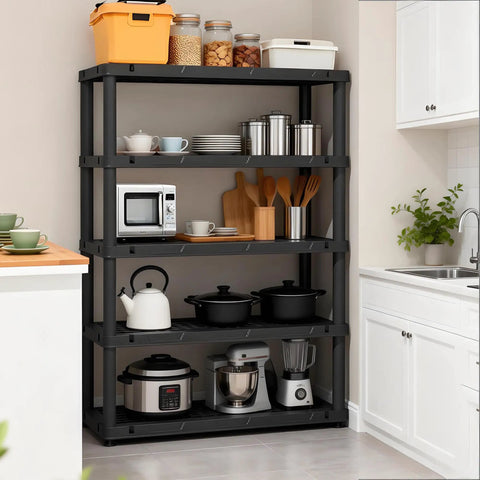 Beast Grade 72 Inch Tall Plastic Garage Storage Shelves With Five Robust Tiers Taking On Heavy Lifting Up To 700 Pounds No Sweat Free Standing Setup Perfect For Basement Tool Storage And Laundry Room Clutter Crushing