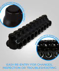 Rock Solid Dual Entry Wire Connectors With Ten Heavy Duty Ports And Slick Black Vinyl Protective Sleeve For Copper Or Aluminum Wiring, angled view with features highlighted.