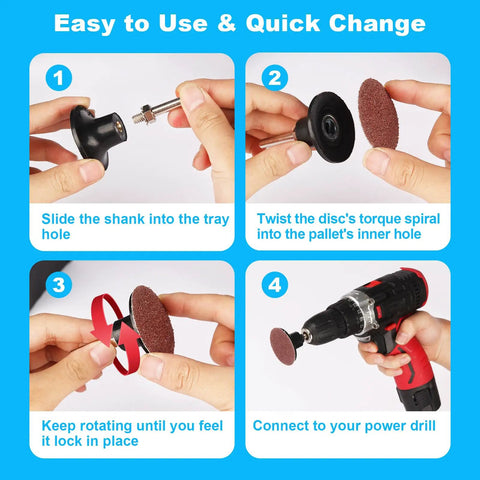 Steps for using 108Pcs 2 Inch Sanding Discs Set With One Quarter Inch Holder For Die Grinder And Drill, Quick Change Steady Grip shown.