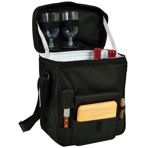 Personalized Monogrammed Wine And Cheese Picnic Basket Cooler With Hardwood Cutting Board Cheese Knife And Corkscrew inside view with glasses and bottles.