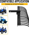 49 Inch Landscape Rake Attachment With 17 Spring Steel Tines for Lawn Tractors and ATV UTVs shown compatible with tractors