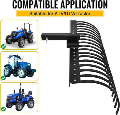 49 Inch Landscape Rake Attachment With 17 Spring Steel Tines for Lawn Tractors and ATV UTVs shown compatible with tractors