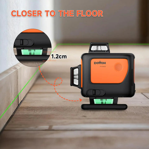 4D Laser Level With Tripod And Dual Batteries 360 Self Leveling Green Beam For Construction Worksite Ready Floor Tiling And Ceiling Alignment In A Pro Grade Toolbox Kit Class II Y4 360G on floor, close to baseboard, with beam