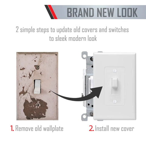 Before and after of worn wall plate replaced by Masque 1 Gang Decorator Style Toggle Switch Cover Up Wall Plate White 5 Pack Jumbo Size