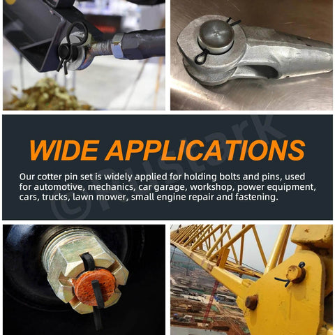 Assorted 100 Piece Pin Fastener Kit With Cotter Pins R Clips Clevis Pins Hair Pins And Hitch Pins In 16 Sizes M2 Through M12 Zinc Plated Black Finish Ideal For Automotive And Mechanical Projects, installed in various equipment.