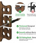 Solid Wood Wall Mount Fishing Rod Rack Keeps Your Poles Neatly Stowed Holds Up To 10 Fishing Rods Perfect Garage Or Shed Organizer With Waterproof Finish And Heavy Duty Stability, showing close-up of wood design, rod placement guide, and text highlights.