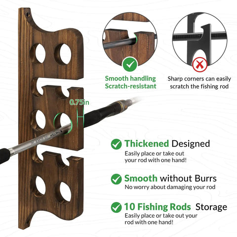 Solid Wood Wall Mount Fishing Rod Rack Keeps Your Poles Neatly Stowed Holds Up To 10 Fishing Rods Perfect Garage Or Shed Organizer With Waterproof Finish And Heavy Duty Stability, showing close-up of wood design, rod placement guide, and text highlights.