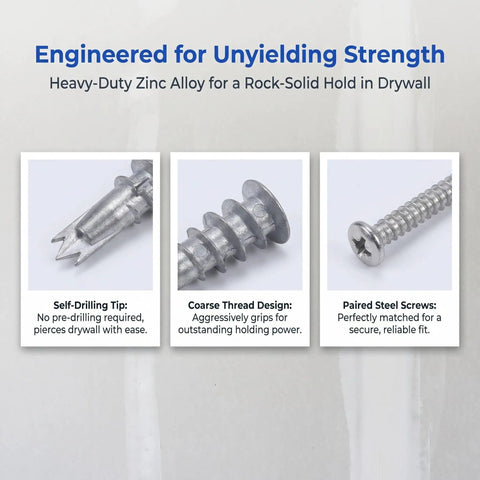 Heavy Duty Drywall Anchors Kit With M4.2 Self Drilling Screws 30 Sets Zinc Alloy Wall Fasteners for rock-solid hold features