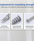 Self Drilling Drywall Anchors With Screws 30 Piece Zinc Alloy Hollow Wall Heavy Duty Fastener Kit Prevents Sheetrock Cracking For Mounting Shelves Ceilings And DIY Home Projects, zinc alloy anchor and screw close-up
