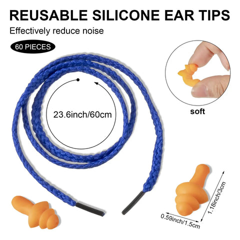 60 Pairs Protective Safety Goggles With 60 Pairs Reusable Earplugs shown, featuring blue corded earplugs and protective details.