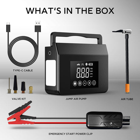 What's in the box of 4000A Jump Starter With Air Compressor, 12V Car Battery Charger, 150 PSI Tire Inflator, 15000mAh Power Bank