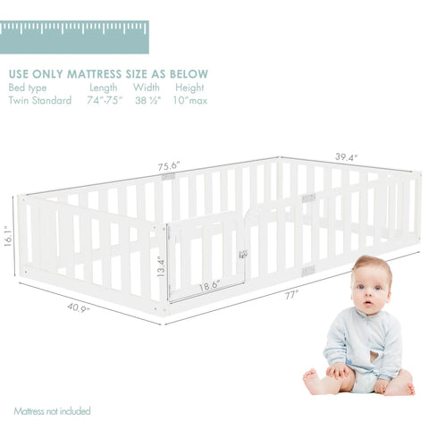 Twin Size Solid Wood Montessori Floor Bed Frame With Secure Guard Rail And Playful Front Door Design dimensions and toddler.