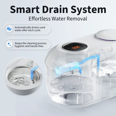 Automatic Denture Cleaner With Drain And Dry No Fuss, 45kHz Cleaning Machine for dentures with smart drain system and clear chamber