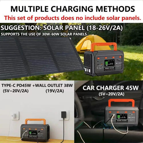 Your Go To Portable Power Station 300W 270Wh Lithium Battery Solar Generator shown charging with solar panel and car charger.