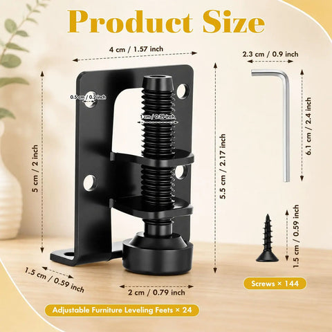 Heavy Duty Adjustable Furniture Leveling Feet L Shaped Leg Levelers 24 Pack Black With Hex Wrench Screw Kit size details and measurements.