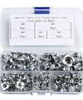 90 Piece Four Prong Tee Nuts Set Zinc Plated Steel Blind Captive Nuts in case for woodworking and furniture projects.