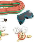 Medium Duty Oxygen Acetylene Torch Kit With Victor Style Regulators For Shop Flame Welding And Cutting Includes Check Valves And T Grade Hose Weld Up To Three Sixteenth Inch Cut Up To Six Inches displayed with gauges, hose, and goggles