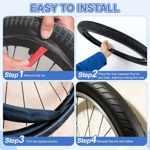 Installation steps for TPU Bike Tire Liner Anti Puncture Shield For 26 Inch Bikes Green 80x2300x1mm shown in four images