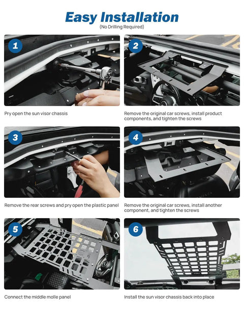 Step-by-step installation of Hard Top Roof Rack Molle Panel for Wrangler JL JLU and Gladiator JT 2018 2026, no drilling required.