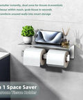 Double Toilet Paper Holder With Shelf In 304 Stainless Steel Brushed Nickel Finish, Wall Mounted Bathroom Tissue Dispenser With Anti Slip Edge, Spacious 12 Inch Shelf For Phone, Wipes, Toiletries, And More For Everyday Convenience showing dual rolls and items on a shelf