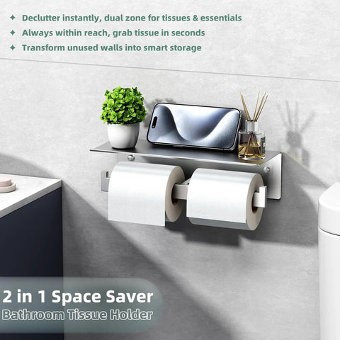 Double Toilet Paper Holder With Shelf In 304 Stainless Steel Brushed Nickel Finish, Wall Mounted Bathroom Tissue Dispenser With Anti Slip Edge, Spacious 12 Inch Shelf For Phone, Wipes, Toiletries, And More For Everyday Convenience showing dual rolls and items on a shelf